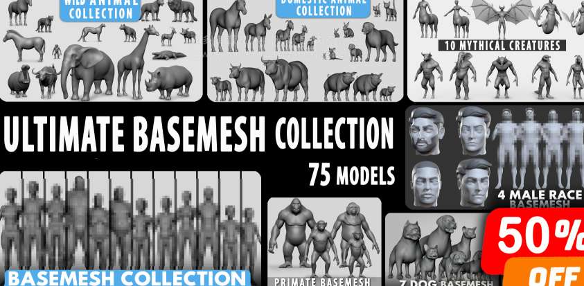 人物角色动物基础3D模型 Ultimate Basemesh Collection (Blender/FBX/OBJ/Maya格式)