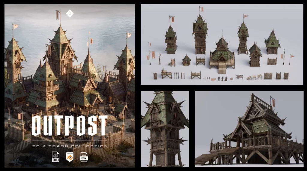 3D模型-欧洲部落军事木屋瞭望塔建筑模型(Blend/OBJ/FBX格式) Outpost – Medieval Military Buildings 3D Kitbash Pack