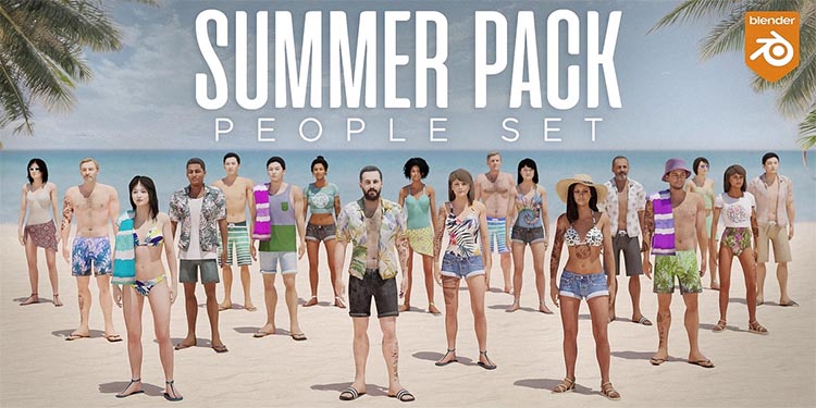 Blender夏日海滩场景人物角色3D模型资产预设 Summer Pack – People Set