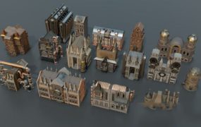 Blender/FBX蒸汽朋克风格复古楼房建筑3D模型下载 ArtStation – Steampunk Kitbash + Textures For Concept And Game