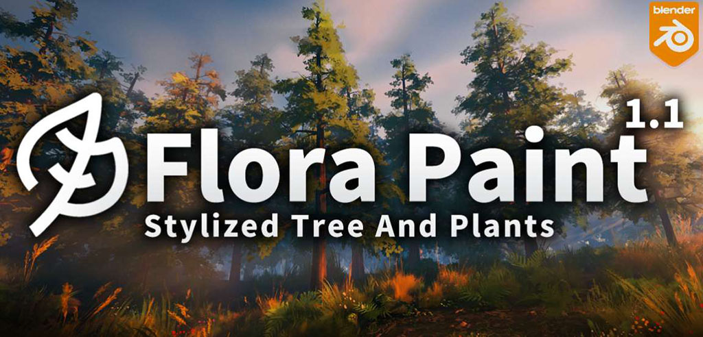 Blender风格化树木植物卡通植物花卉资产3D模型插件flora paint v1.1 stylized tree and plants library