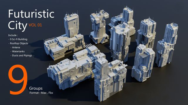 Blender 9组科幻建筑3D模型 Artstation – Futuristic City Pack Vol 01
