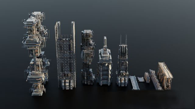 Blender建筑基建3D模型资产 Old Dystopic Buildings set 3D model