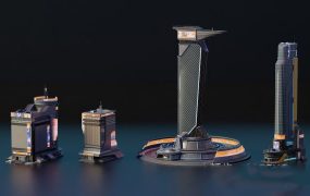 4组Blender赛博朋克楼房建筑3D模型 Cyberpunk Buildings – Part 01 – Game Ready Assets