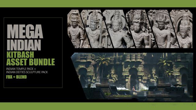 印度佛像神庙3D模型 Artstation – Mega Indian Kitbash Asset Bundle – Indian Temple Architecture Pack + Indian Deities sculpture Bundle