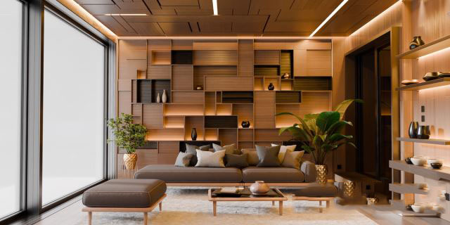 Blender现代木质客厅场景资产3D模型 Modern Abstract Wooden Living Room