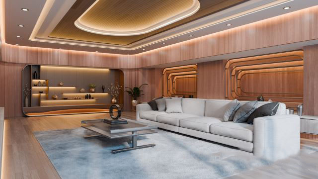 Blender现代木质客厅场景资产3D模型 Modern Curved Wooden Living Room