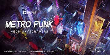 Blender未来科幻赛博朋克霓虹城市摩天大楼建筑3D模型资产预设 Metropunk Neon Skyscrapers – Cyberpunk Kitbash Greeble Assets
