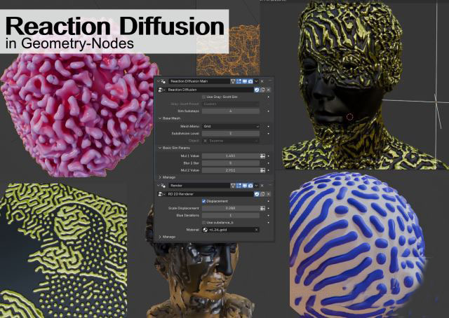 Blender可视化反应扩散模拟几何节点资产预设 Reaction Diffusion