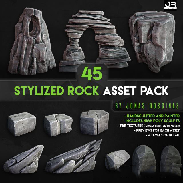 45组石头3D模型 Stylized Rock Asset Pack by J Roscinas (OBJ格式)