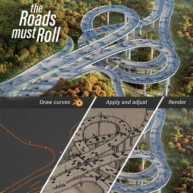 Blender道路马路高架桥梁信号红路灯指示牌生成器资产预设 The Roads Must Roll