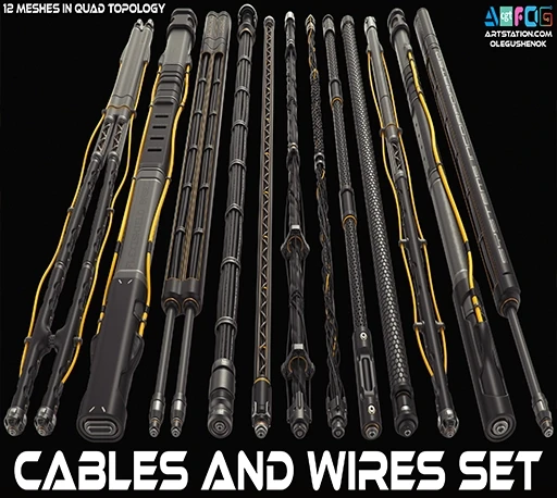 12组机械科幻电缆线束3D模型(C4D/FBX/OBJ格式) Cables and Wires set