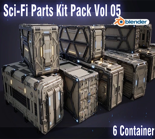 6个Blender科幻风格集装箱3D模型 Sci-Fi Parts Kit Pack Vol 05 Container-PBR