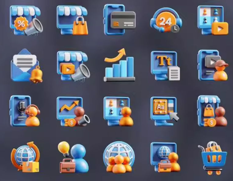 Blender卡通商务网络APP图标icon三维模型PNG免扣设计素材20款
