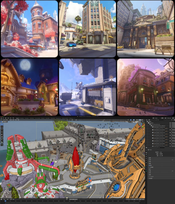 Blender守望先锋游戏场景解包次时代3D模型带贴图素材40款