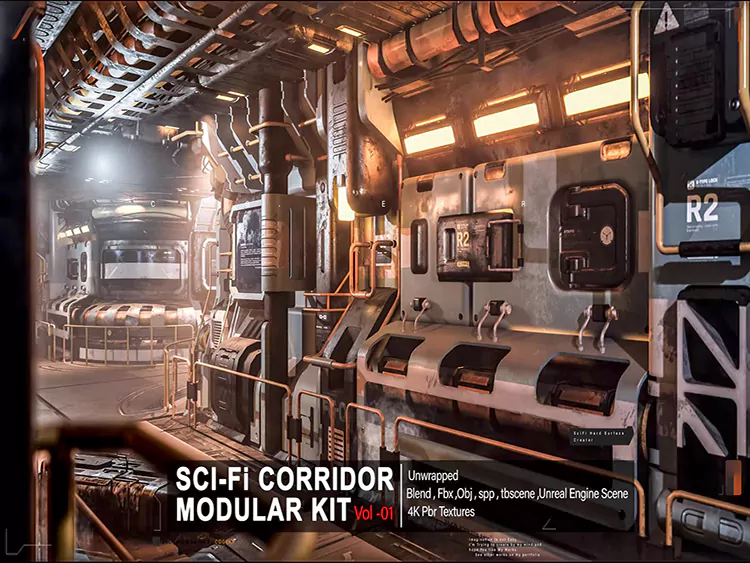 Blender科幻走廊模块化3D模型 Sci-fi Corridor Modular Kit Vol 01