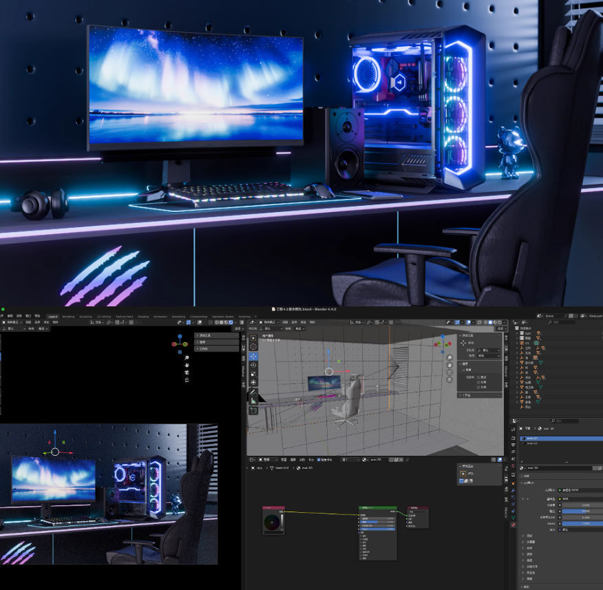 Blender赛博朋克电脑房主机键盘耳机3D建模渲染场景工程源文件