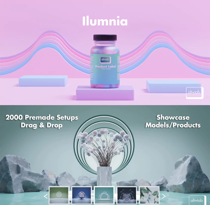 Blender预设|产品展示场景打光照明渲染资产库 Alt Tab Ilumnia: Product Showcase Library