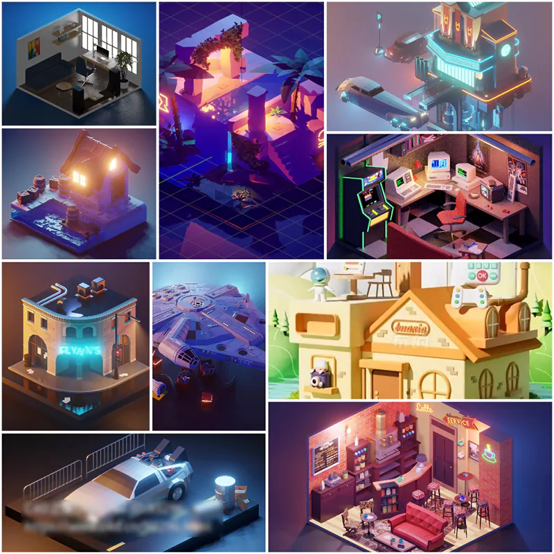 103个Blender卡通插画风格场景3D模型 A Collection Of 103 High-Quality Blender Cartoon Illustration Scenes