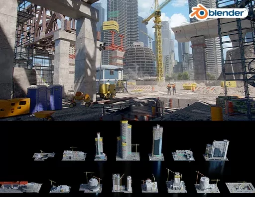 Blender工地楼房建筑施工设备起重机吊塔3D模型 Kitbash3D – Construction Zone