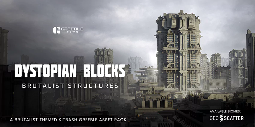 Blender野兽派未来科幻建筑模型资产 Dystopian Blocks – Brutalist Structures Kitbash Buildings