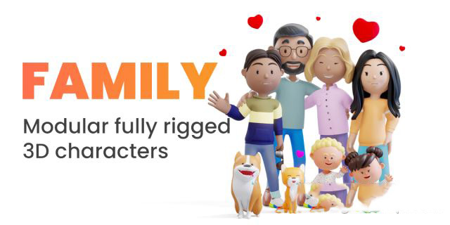 Blender卡通人物绑定角色3D模型 Family – Cartoon Modular Fully Rigged 3D Family