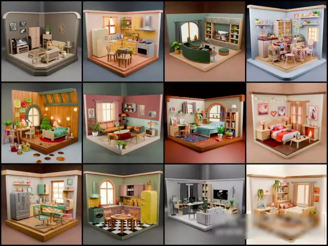 Blender低多边形微型室内电商场景3D模型资产 CGTrader – Isometric Rooms Collection Bedrooms Kitchens Living Rooms Low-poly 3D model