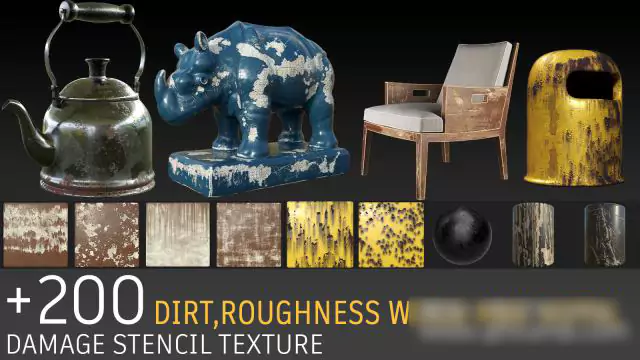 200组污垢粗糙破旧金属木材损坏贴图材质 Artstation – 200+ stencils dirt and damage, roughness, metal, wood