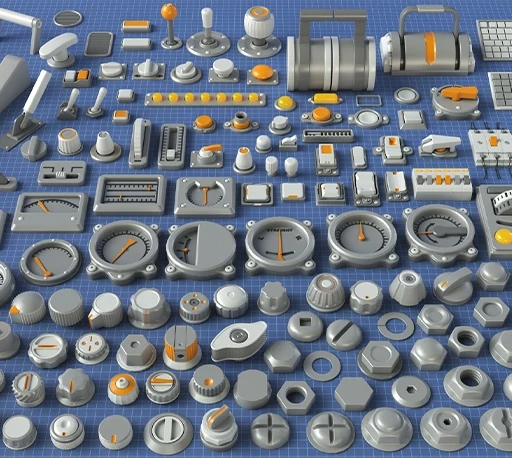 Blender工业仪表螺母开关设备3D模型套件 Industrial Kitbash – 9 – 156 pieces