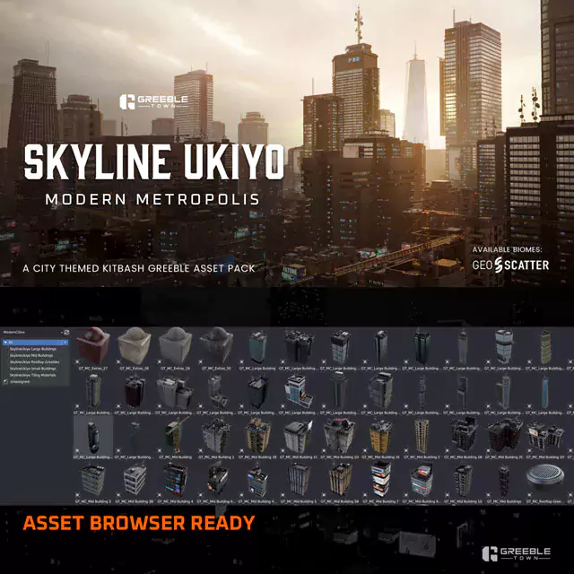 Blender现代城市楼房建筑高楼大厦3D模型资产预设Greeble Town – Skyline Ukiyo Modern Metropolis