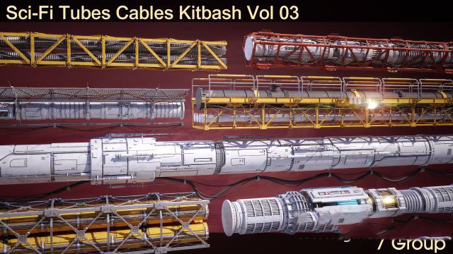 科幻电缆管道3D模型 Sci-Fi Tubes Cables Pipe Kit Vol 03 (MAX/Blender/FBX/OBJ格式)