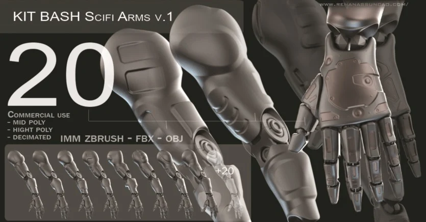 20种独特的机甲手臂3D模型下载 IMM 20 Scifi Arms KitBash with Uvs