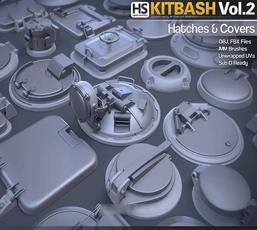 32个舱门机械盖板3D模型下载 Hard-Surface Kitbash Vol.2 – Hatches & Covers
