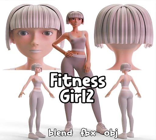 Blender卡通风格化女性健身角色3D模型下载 Stylized Fitness Girl 2