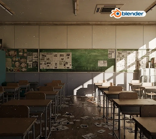 Blender废弃初中高中教室课室室内环境3D模型免费下载 Japanese Abandoned Classroom