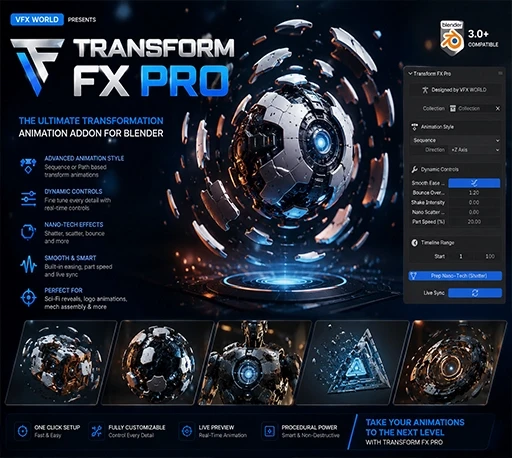 Blender插件下载-程序化机械组装动画插件 Transform FX Pro V7.3