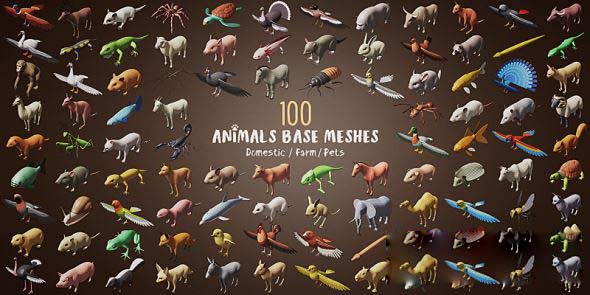 Blender格式卡通低模低多边形动物3D模型下载 100 Animals Base Meshes