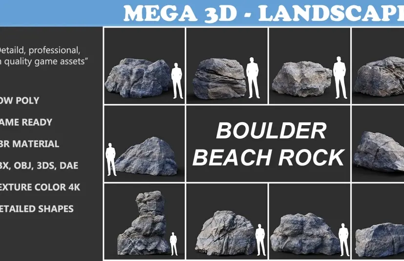灰色巨石海滩岩石高精度3D模型 – Gray Boulder Beach Rock Collection