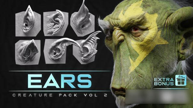 ZBrush/Blender/FBX/OBJ 怪物生物耳朵3D笔刷模型资产预设包 Artstation – 44 Ear – High Detailed Ears For Creatures – VDM Zbursh, Blender +BONUS
