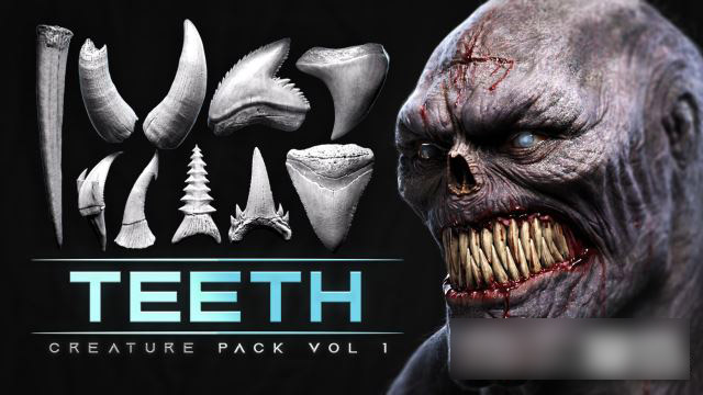怪物牙齿3D模型笔刷资产库(Blender/ZBrush/FBX/OBJ格式) Artstation – 44 Teeth – High Detailed Teeth For Creatures – Blender Assets Library, Imm Zbrush